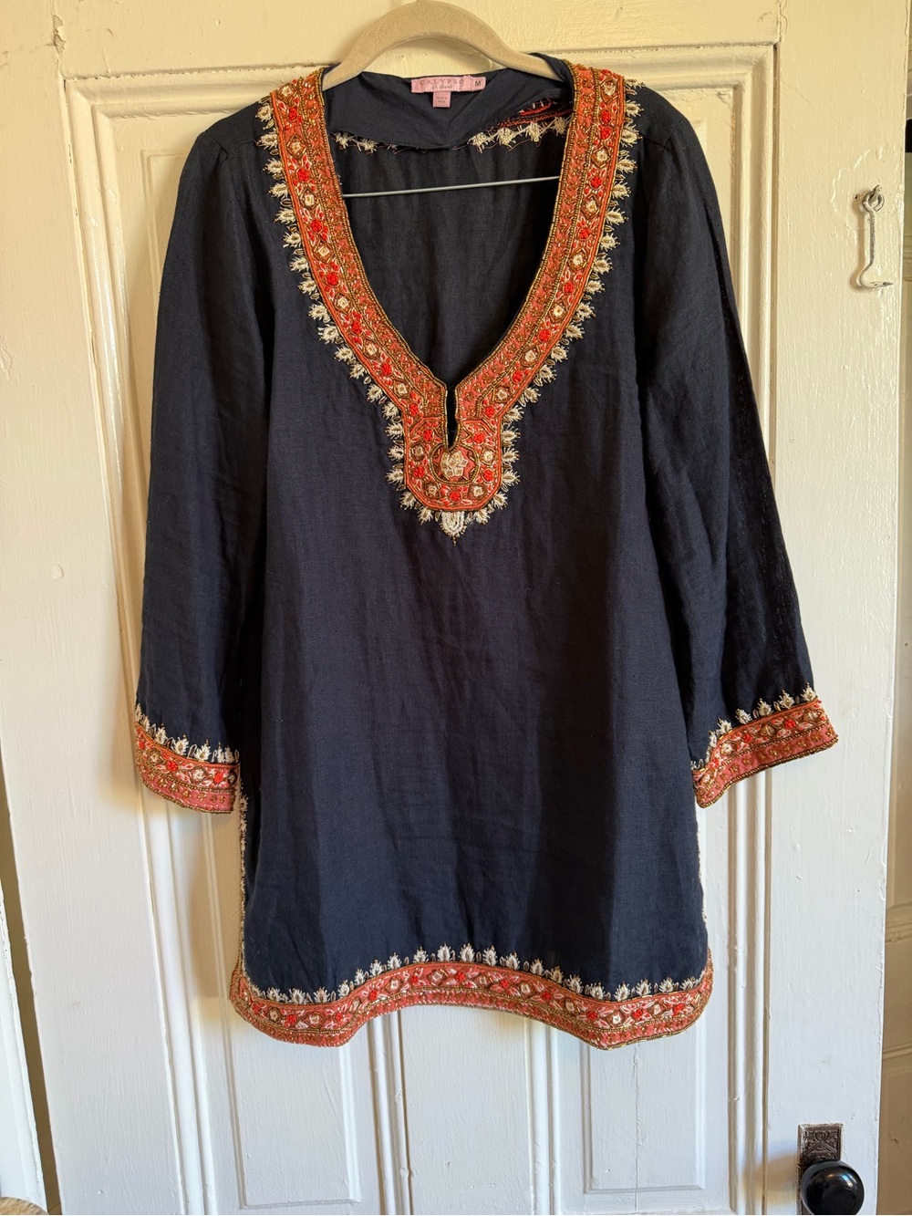 Calypso Embroidered V-Neck Tunic with Red & Gold Trim size M